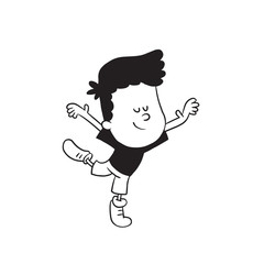 Vector cartoon image of a cute little boy in shorts and t-shirt dancing as a ballet dancer and smiling on a white background. Made in a monochrome style. Positive character. Vector illustration.