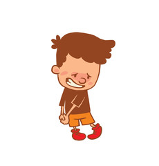 Vector cartoon image of a cute little boy in orange shorts, t-shirt with guilty expression on his face on a white background. Color image with a brown tracings. Positive character. Vector illustration