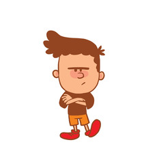 Vector cartoon image of a cute little boy in orange shorts and brown t-shirt standing with arms crossed on white background. Color image with a brown tracings. Positive character. Vector illustration.