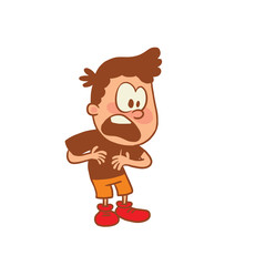 Vector cartoon image of a cute little boy in orange shorts, brown t-shirt standing, proving his innocence on white background. Color image with brown tracings. Positive character. Vector illustration.