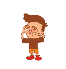 Vector cartoon image of a cute little boy in orange shorts and brown t-shirt holds hands like binoculars on white background. Color image with a brown tracings. Positive character. Vector illustration