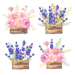 Roses and lavender in wooden box