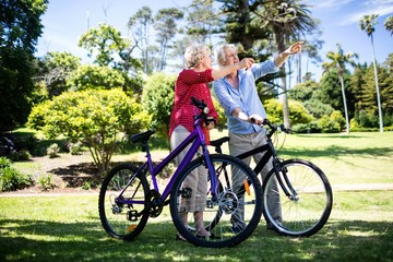 Fototapeta premium Senior couple standing with bicycle in park