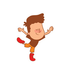 Vector cartoon image of a cute little boy in orange shorts and brown t-shirt dancing as a ballet dancer on white background. Color image with a brown tracings. Positive character. Vector illustration.