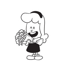 Vector cartoon image of a cute little girl with wavy hair in dress standing with a bouquet of flowers in her hands on a white background. Made in a monochrome style. Positive cartoon cute little girl.