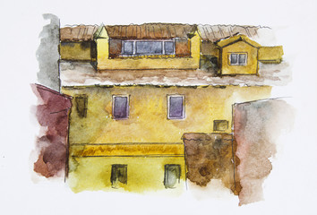 European House. Watercolor illustration. Facade wall texture