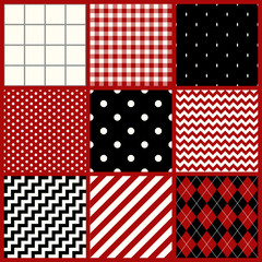 Set of nine vector classic seamless patterns in red, black and white