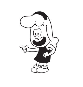 Vector cartoon image of a cute little girl with wavy hair in dress showing on something with her finger on a white background. Made in a monochrome style. Positive character. Vector illustration.