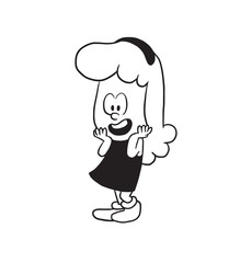 Vector cartoon image of a cute little girl with wavy hair in a dress standing and rejoicing to something on a white background. Made in a monochrome style. Positive character. Vector illustration.