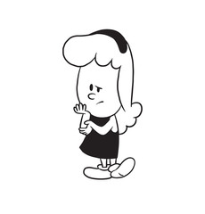 Vector cartoon image of a cute little girl with wavy hair in dress standing with a worried expression on face on a white background. Made in a monochrome style. Positive character. Vector illustration