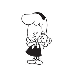 Vector cartoon image of a cute little girl with wavy hair in dress standing with a teddy bear in her hands on a white background. Made in a monochrome style. Positive character. Vector illustration.