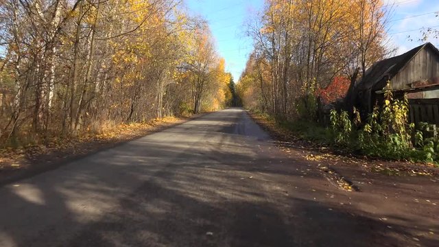 Autumn forest. Travel by car on the road in the fall. Shot in 4K (ultra-high definition (UHD)), so you can easily crop, rotate and zoom, without losing quality!  Real time.
