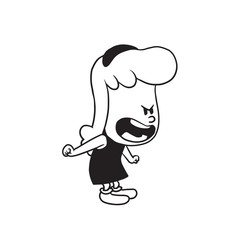 Vector cartoon image of a cute little girl. Little girl with wavy hair. Little girl is screaming on someone on white background. Cartoon little girl in a monochrome style. Vector illustration of girl.