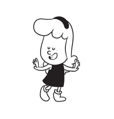 Vector cartoon image of a cute little girl. Little girl with wavy hair. Little girl is dancing and smiling on a white background. Cartoon little girl in a monochrome style. Vector illustration of girl