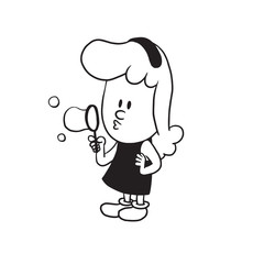Vector cartoon image of a cute little girl. Little girl with wavy hair. Little girl is blowing bubbles on a white background. Cartoon little girl in a monochrome style. Vector illustration of girl.