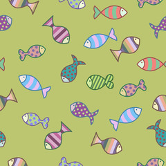 Fish and seaweed on a green background, pattern