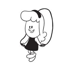 Vector cartoon image of a cute little girl. Little girl with wavy hair. Little girl is jumping with a skipping rope on a white background. Cartoon little girl in a monochrome style. Vector girl.