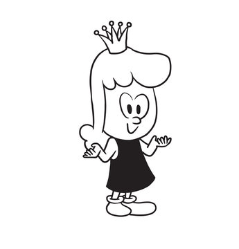 Vector cartoon image of a cute little girl. Little girl with wavy hair. Little girl with a crown on her head on white background. Cartoon little girl in a monochrome style. Vector illustration of girl