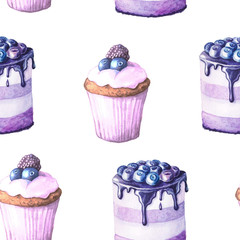 Seamless pattern with watercolor cakes