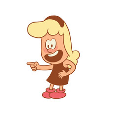 Vector color cartoon image of cute little girl. Little girl with blonde hair. Little girl is showing on something with finger on white background. Color image with brown tracings. Vector cartoon girl.