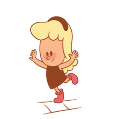 Vector color cartoon image of a cute little girl. Little girl with blonde hair. Little girl is jumping on one leg on a white background. Color image with brown tracings. Vector cartoon little girl.