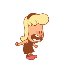 Vector color cartoon image of a cute little girl. Little girl with blonde hair. Little girl is screaming at someone on a white background. Color image with brown tracings. Vector cartoon little girl.