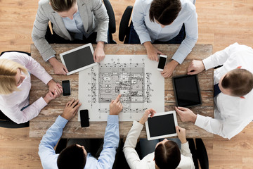 business team or architects with blueprint