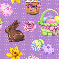 Easter seamless pattern. Background with hand painted watercolor chocolate bunny, colorful eggs, basket, easter cake and flowers. Violet seamless decorative seasonal pattern.