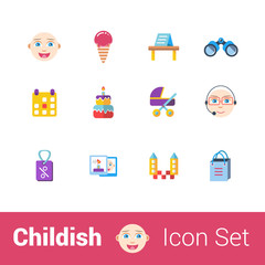 Childish flat color icon set of 12 icons.
