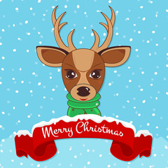 Merry Christmas with happy smiling deer and red ribbon. Color stylish modern illustration. EPS 10.