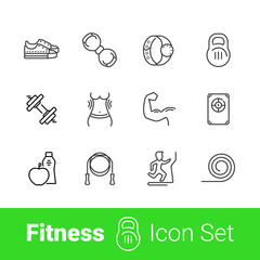 Fitness stuff outline icon set of 12 modern stylish thin icons. EPS 10.