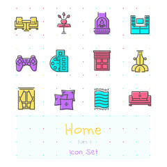Home stuff line icon set of 12 thin modern stylish icons. Part 4 - living room. Color version. EPS 10