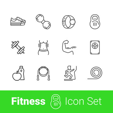 Fitness stuff outline icon set of 12 modern stylish thin icons. EPS 10.