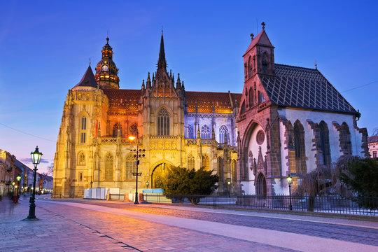 St. Michael chapel and St. Elisabeth cathedral in the main square of Kosice city in eastern Slovakia.