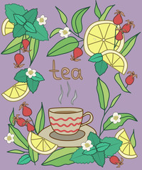Tea time, bright. Coloful vector illustration, violet background.