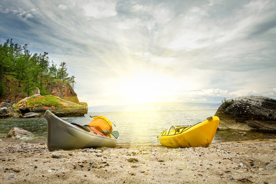 Kayaks on the coast of the lake