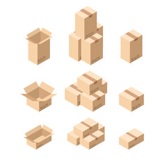 Set Of Isometric Cardboard Boxes Isolated on White. Layered EPS10 file.