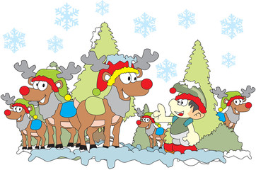 digital image of a boy standing with reindeer.