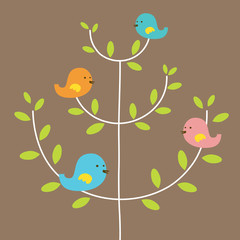Bird's Family On A Tree Vector Illustration.
