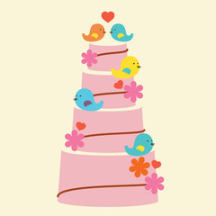 Lovely Birds With Wedding Cake Vector Illustration.