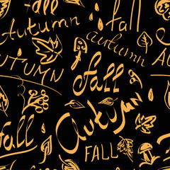 Inscriptions autumn, fall on a black background. Seamless patter