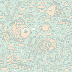 Fototapeta na wymiar Blue hand drawn fishes. Wallpaper textile pattern.