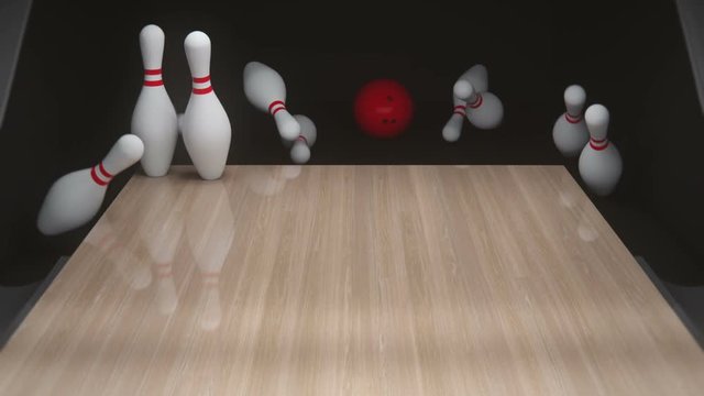 Red bowling ball making a strike.