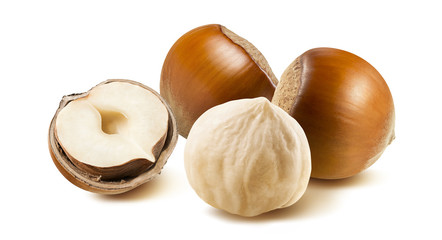 Hazelnut nut group 1 peeled off isolated on white background