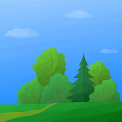 Summer Low Poly Landscape, Forest with Coniferous and Deciduous Trees and Blue Sky with Clouds. Vector