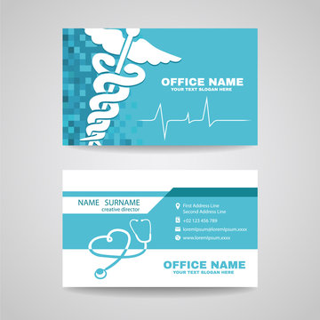 Business card for Medical healthcare - Whtie Caduceus , Stethoscope and Waves of the Heart on Soft Blue background vector design