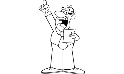 Black and white illustration of a man making a speech.