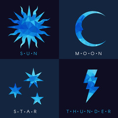 Sun moon star and thunder Blue low poly set design
