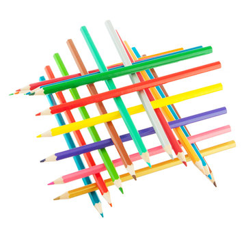 Colour pencils stacked veb isolated on white background close up