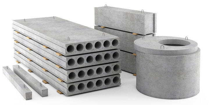 Reinforced concrete items on white background. 3D rendering